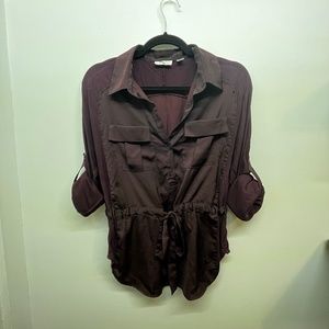 New York & Company Purple Mixed Media Roll Tab Blouse